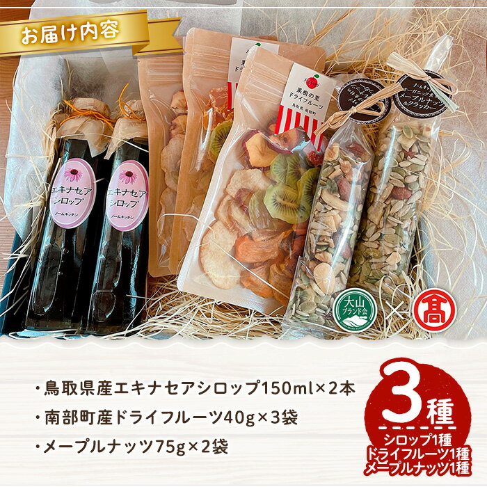 【ふるさと納税】朝ヨーグルトセット(3種) 鳥取県 南部町産 ナッツ エキナセアシロップ ドライフルーツ メープルナッツ 朝食 食品 セット 詰め合わせ 低温乾燥 ヘルシー 果物 果実 ギフト 贈答 プレゼント 【T-DE4】【大山ブランド会】 サムネイル2