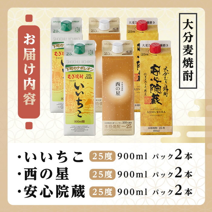 【ふるさと納税】大分むぎ焼酎飲み比べセット(計5.4L・900ml×6本)酒 お酒 むぎ焼酎 900ml いいちこ 西の星 安心院蔵 麦焼酎 常温 飲み比べ 紙パック セット【106104700】【酒のひろた】 サムネイル2