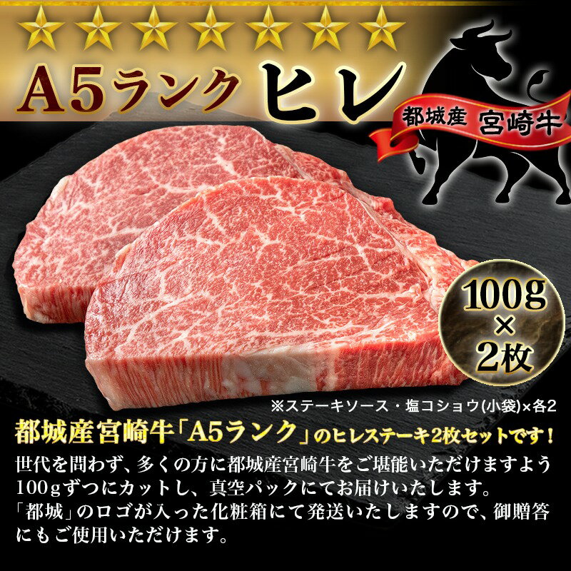 【ふるさと納税】【発送時期が選べる】宮崎牛ヒレステーキ(A5)100g×2枚 - 牛肉 牛ヒレステーキ用肉 A5等級 100g×2枚 真空パック ステーキソース・塩こしょう ステーキ 化粧箱入り ギフト 贈答用 お歳暮 年内お届け 送料無料 22-0102【宮崎県都城市】 サムネイル3