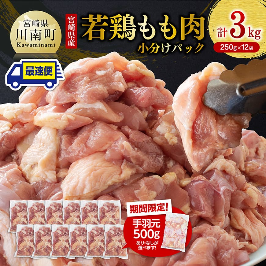 【手羽元500gあり・なしが選べる】【発送月が選べる】【小分け】宮崎県産若鶏　もも肉計3kg（250g×12袋） - 肉 鶏 鶏肉 国産 モモ もも 若鳥 九州産 鳥 唐揚げ 小分け 使いやすい 便利 手羽元 F0904 C00902