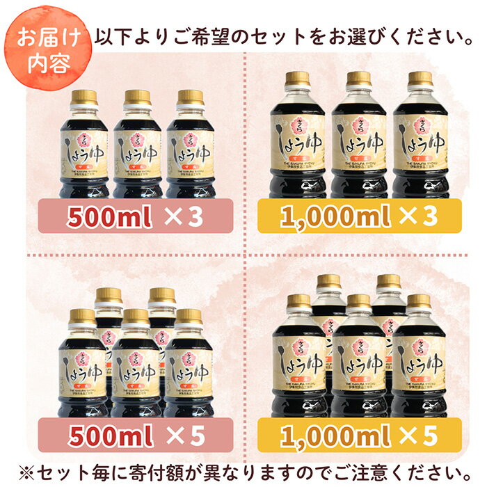 【ふるさと納税】＜容量・本数が選べる＞さくらしょうゆ・甘露(500ml×3本～5本) (1000ml×3本～5本) 九州 鹿児島 しょうゆ 醤油 しょう油 正油 調味料 甘口醤油 大豆 だいず 甘口 たまごかけご飯 ごはん ご飯 セット 【伊集院食品工業所】 サムネイル2