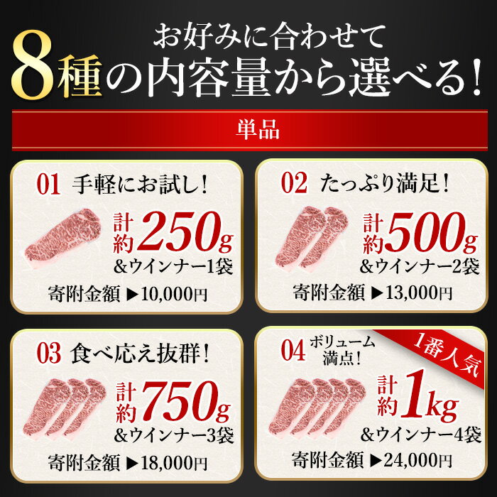 【ふるさと納税】【 500gウィンナー2袋セット13,000円 数量限定 】 ステーキ ステーキ肉 ＜内容量・回数が選べる＞ 牛肉 4等級以上 鹿児島県産 黒毛 和牛 ロース or モモ (1枚〜6枚・計約250g〜1.1kg 定期便 全3回 or 5回) 【ナンチク】 サムネイル2