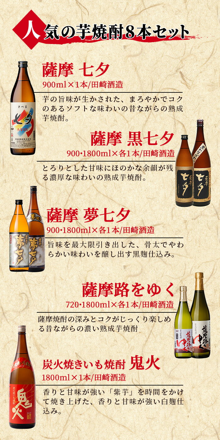 【ふるさと納税】鹿児島本格芋焼酎「七夕シリーズ」飲み比べセット(5種・合計8本)七夕 黒七夕 夢七夕 薩摩路をゆく 鬼火 720ml 900ml 1800ml 1.8l 一升 一升瓶 九州 鹿児島 鹿児島特産 酒 焼酎 芋焼酎 晩酌 飲み比べ セット 贈り物 プレゼント 贈答用【吉村酒店】 サムネイル2