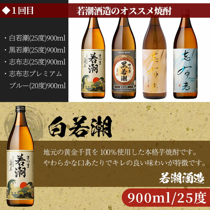 【ふるさと納税】＜焼酎お手軽定期便・全3回＞志布志蔵元3蔵の焼酎を毎月4本お届け！若潮酒造、太久保酒造、丸西酒造の本格芋焼酎を720ml・900mlを合計12本厳選して詰め合わせ！じっくり飲み比べ！【こまみず酒店】t007-001 サムネイル2