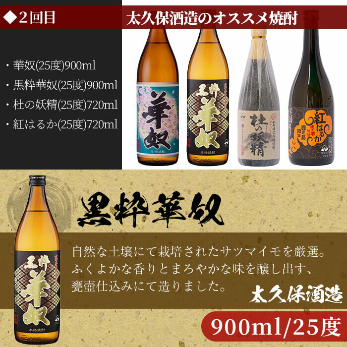 【ふるさと納税】＜焼酎お手軽定期便・全3回＞志布志蔵元3蔵の焼酎を毎月4本お届け！若潮酒造、太久保酒造、丸西酒造の本格芋焼酎を720ml・900mlを合計12本厳選して詰め合わせ！じっくり飲み比べ！【こまみず酒店】t007-001 サムネイル3