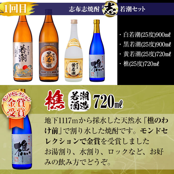 【ふるさと納税】≪定期便・全4回≫酒屋厳選！志布志焼酎”志”定期便 計15本!志布志の本格芋焼酎を飲み比べ♪計12L以上を4か月に分けてお届けのお楽しみ便！志布志を代表する3つの蔵元の本格焼酎！お湯割り・水割り・ロック・ストレート【江川商店】t0078-001 サムネイル3