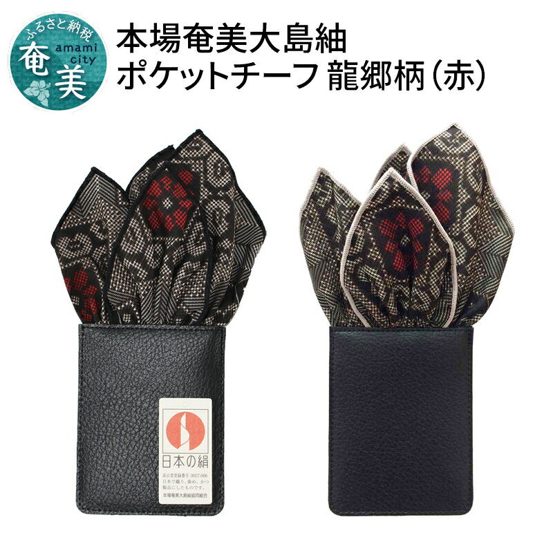 スーツ 小物 高級感 本場奄美大島紬 ポケットチーフ 龍郷柄 赤 クラッシュタイプ 挿すだけ