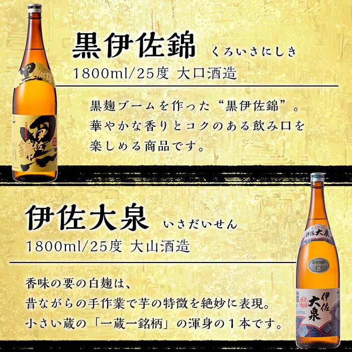 【ふるさと納税】伊佐焼酎DXセット！伊佐美、伊佐舞、黒伊佐錦、伊佐大泉(各1.8L・伊佐美×3本ほか各1本・計6本) 鹿児島 本格芋焼酎 焼酎 芋焼酎 一升瓶 飲み比べ 小瓶タイプ 詰合せ 詰め合わせ【坂口酒店】【D2-03】 サムネイル2