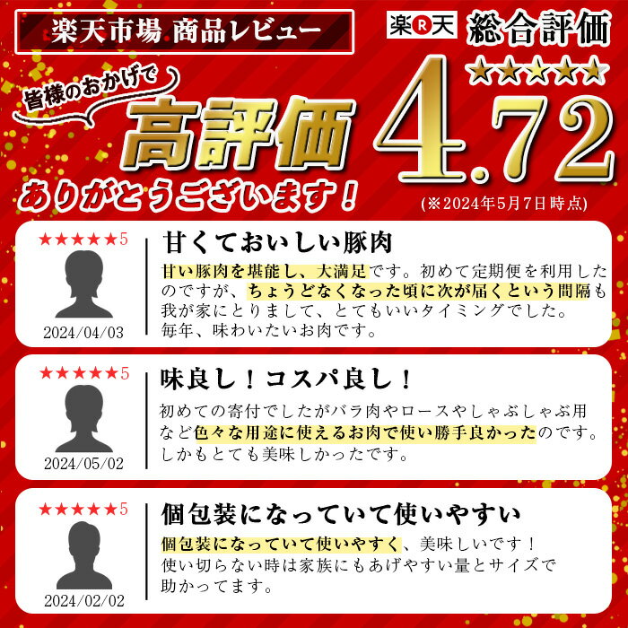 【ふるさと納税】【定期便3回】九州産 豚肉サンサンセット (合計6.9kg) 国産 切り落とし バラスライス 肩ロース ロース しゃぶしゃぶ 生姜焼き 真空包装 小分け ぶたにく 豚 肉 詰合せ 冷凍【サンキョーミート株式会社】 サムネイル2
