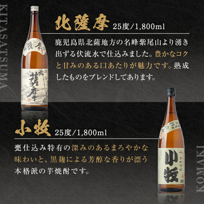 【ふるさと納税】＜数量限定＞鹿児島の本格芋焼酎4本飲み比べセット！(1本1.8L、北薩摩・小牧・ぼっけもん・甕仕込み紫尾の露) 鹿児島 お酒 アルコール 焼酎 リキュール 芋焼酎 ロック お湯割り ソーダ割 一升瓶【一社)さつま町観光特産品協会】 サムネイル2