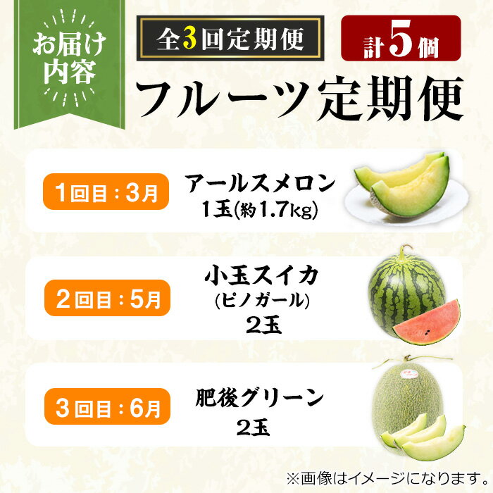 【ふるさと納税】＜定期便・全3回＞自慢の農家×老舗青果店のフルーツ定期便(計5個) メロン めろん アールスメロン スイカ すいか 小玉スイカ 肥後グリーン 果物 くだもの フルーツ 果実 セット 詰め合わせ 旬 定期便【有留青果】【0363607b】 サムネイル3