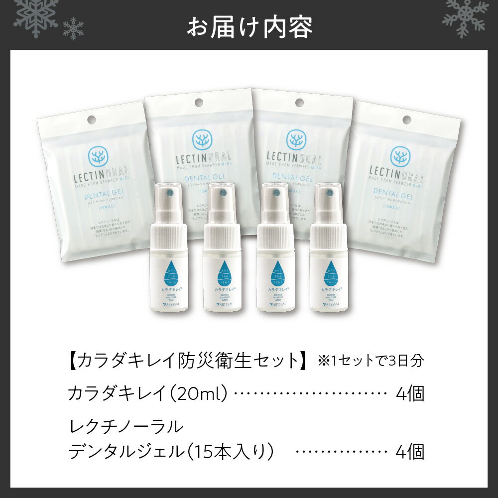 【ふるさと納税】 防災 衛生 セット 3日分 水不要 ローション カラダキレイ 口腔ケア レクチノーラル デンタルジェル 清潔 敏感肌 防災備蓄 防災グッズ 防災セット 防災用品 避難用品 非常用 災害用 災害 北海道 札幌市 - 画像3