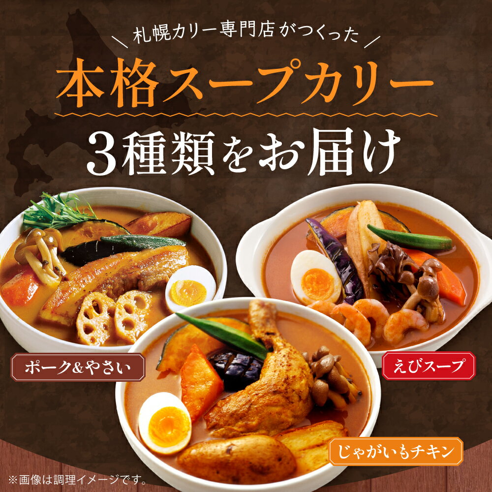 【ふるさと納税】 札幌 YOSHIMI スープカレー 3種 セット 北海道産 じゃがいも チキン ポーク 野菜 えび スープ カレー 具材付き 本格 スープカリー 専門店 ご当地 名物 グルメ お取り寄せ 惣菜 詰め合わせ 食べ比べ お土産 レトルト ストック 温めるだけ 簡単 北海道 札幌市 - 画像2