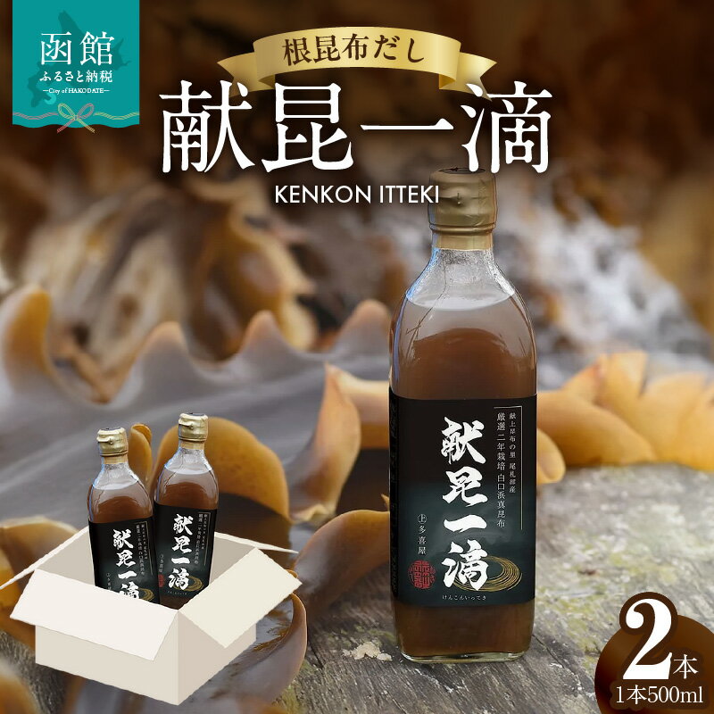 【ふるさと納税】根昆布だし 献昆一滴 500ml × 2本 昆布 出汁 瓶 献上昆布 尾札部 白口浜 真昆布 鉄分 ミネラル 熟成 旨み かつお節 エキス 相性 抜群 万能 調味料 料理 美味しさ 引き立て 直伝 のし対応 お取り寄せ 送料無料