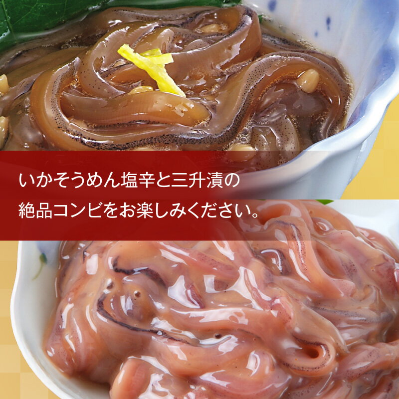 【ふるさと納税】道水 いかそうめん 塩辛 三升漬 食べ比べ セット いか耳使用 110g 各5袋 計 1.1kg 北海道直送 するめいかの耳 コリコリ 歯ごたえ ピリ辛 おつまみ おかず イカ塩辛 魚介類 晩酌 酒の肴 海鮮 お取り寄せ お取り寄せグルメ 北海道 函館 送料無料 - 画像2