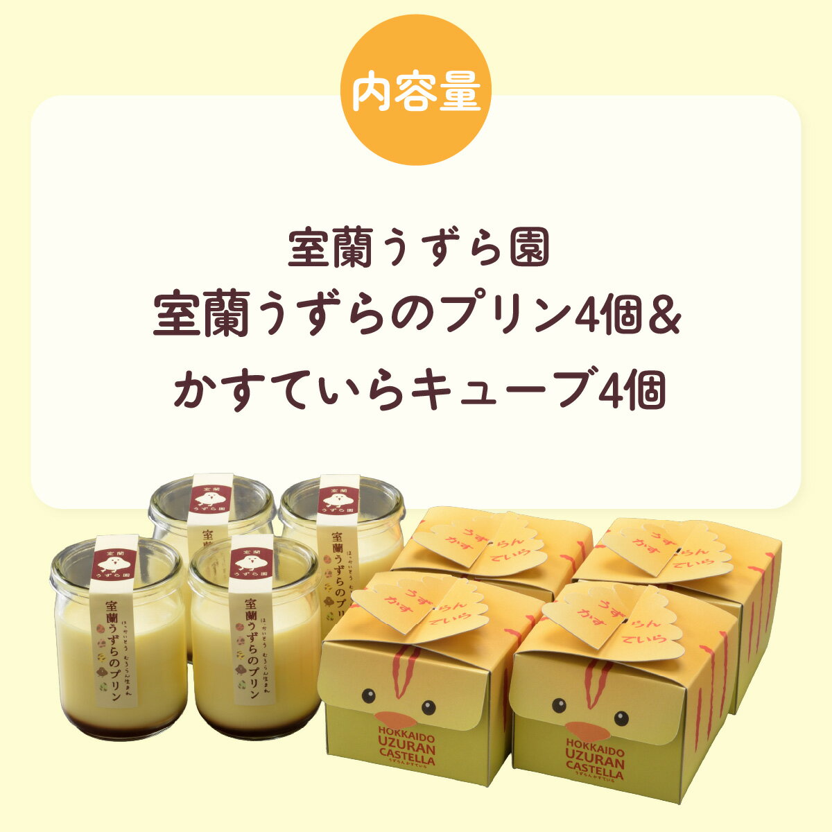 【ふるさと納税】室蘭うずらのプリン4個＆かすていらキューブ4個 選べる回数【 ふるさと納税 人気 おすすめ ランキング 北海道 室蘭 うずらん たまご 卵 プリン カステラ スポンジケーキ スイーツ 濃厚 焼菓子 洋菓子 和菓子 セット 大容量 詰合せ 北海道 室蘭 送料無料 】 - 画像2