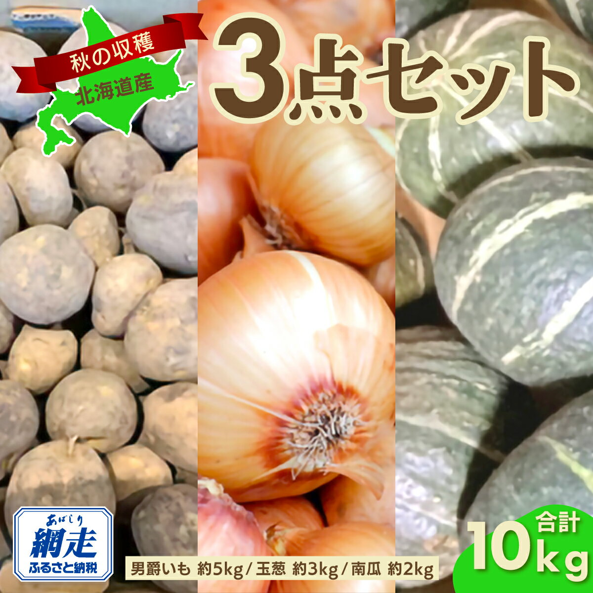 【先行予約】秋の収穫3点 合計約10kgセット（2026年9月15日以降発送）【 ふるさと納税 人気 じゃがいも ジャガイモ 芋 いも イモ 男爵 男爵いも たまねぎ 玉ねぎ 玉葱 かぼちゃ 南瓜 野菜 セット 詰め合わせ 詰合せ 北海道 網走市 送料無料 】ABAO083