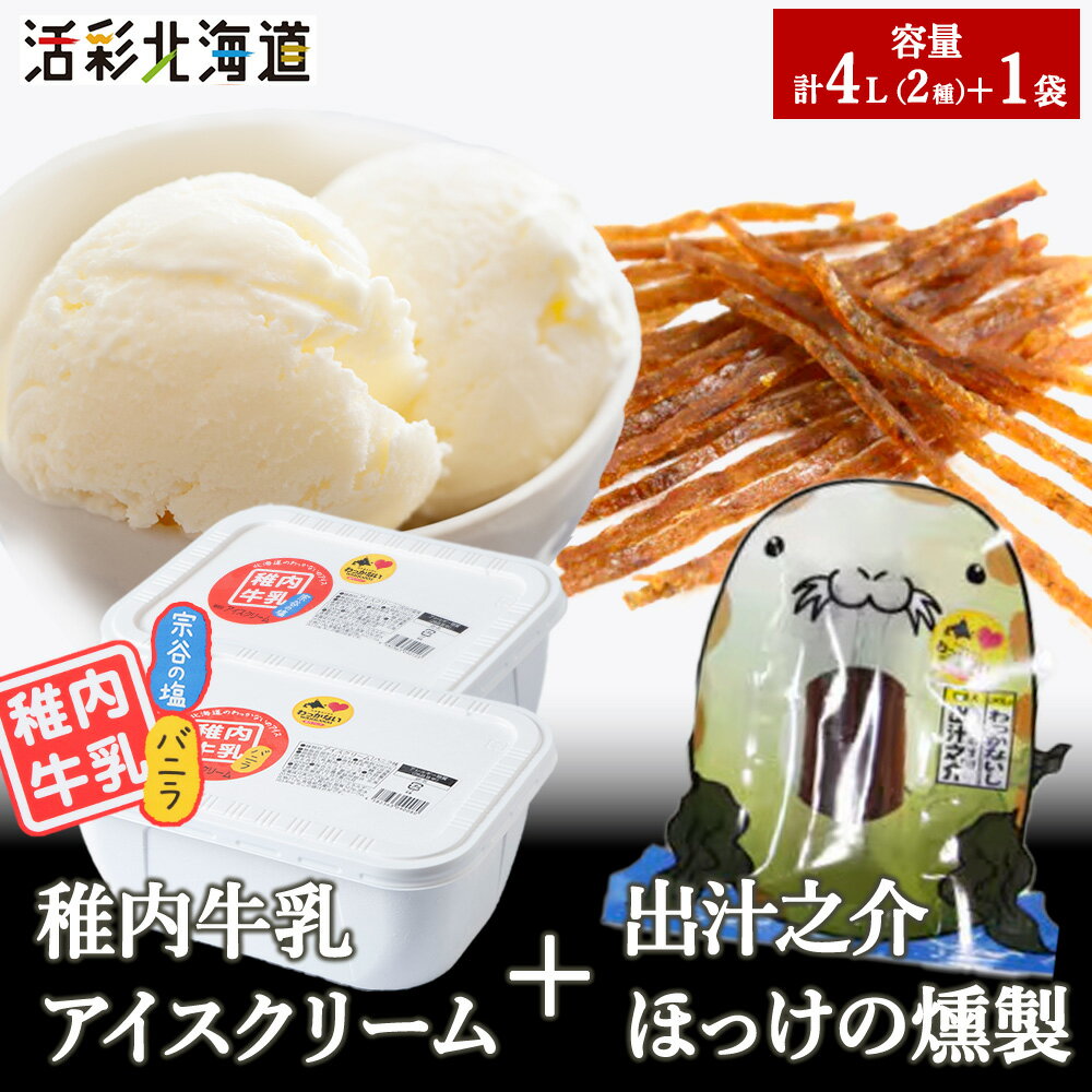 【 業務用 】 稚内牛乳 アイスクリーム 2L×2個 ( バニラ & 宗谷の塩 ) と珍味ホッケ燻製アイス アイスクリーム スイーツ デザート 氷菓 牛乳 北海道ふるさと納税 稚内 ふるさと納税 北海道 【配送不可地域：離島・沖縄県】