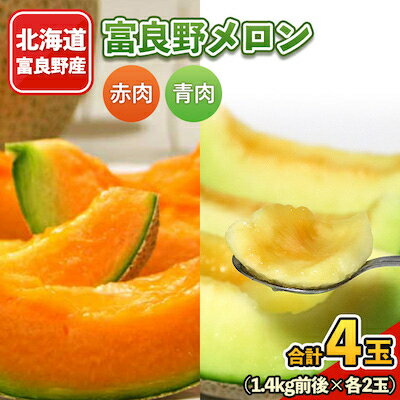 2026年先行予約　富良野メロン　赤肉・青肉 2色セット 合計4玉入り_ メロン 北海道 富良野 めろん 果物 フルーツ くだもの 赤肉 青肉 旬 お取り寄せ 甘い 糖度 デザート 食べ比べ セット産地直送 産直 4玉 送料無料 美味しい ギフト プレゼント 【1313971】