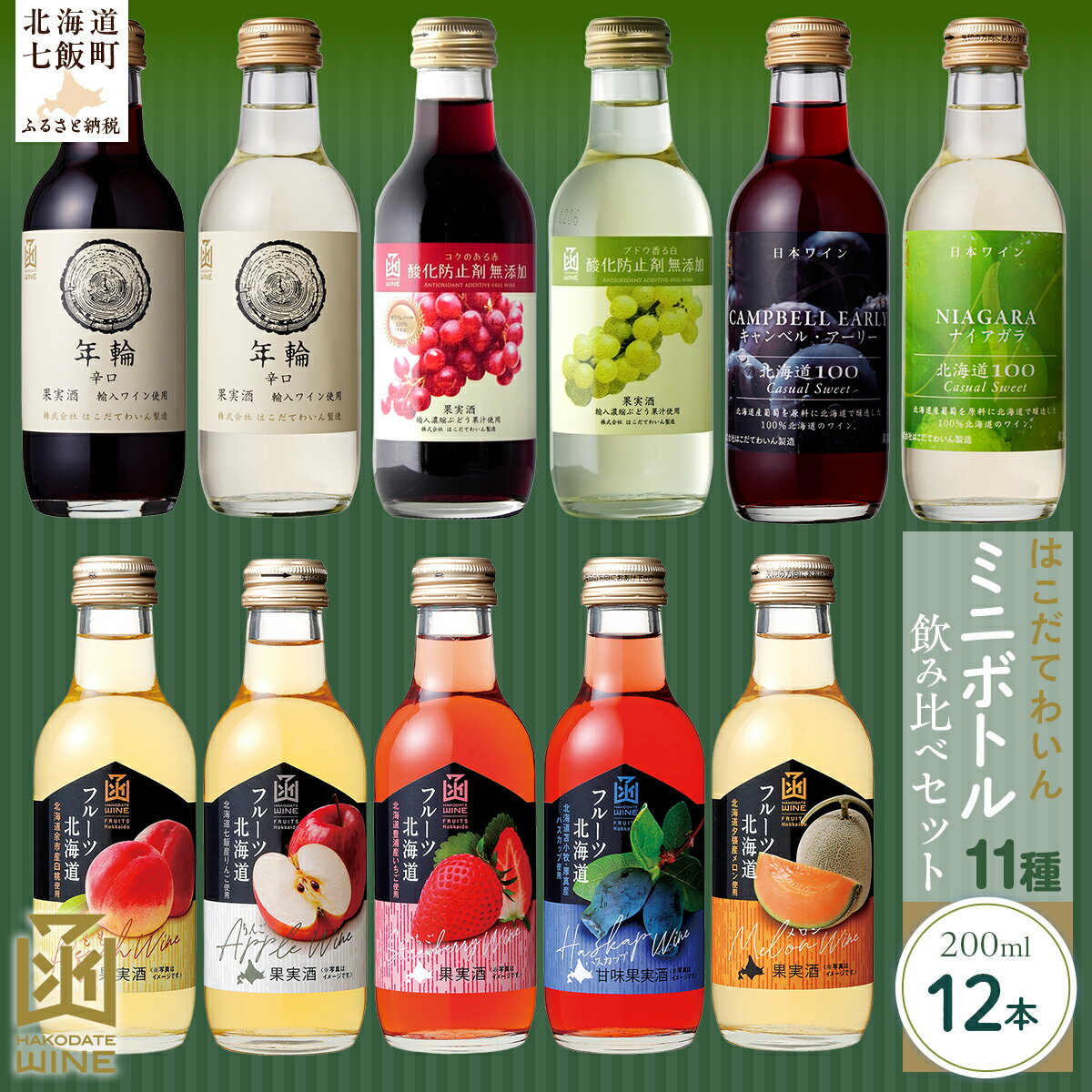 ミニボトル11種飲み比べ12本セット【ふるさと納税 人気 おすすめ ランキング ワイン わいん 赤 白 キャンベルアーリー ナイアガラ フルーツワイン セット お酒 桃 メロン いちご ハスカップ 北海道 七飯町 送料無料】