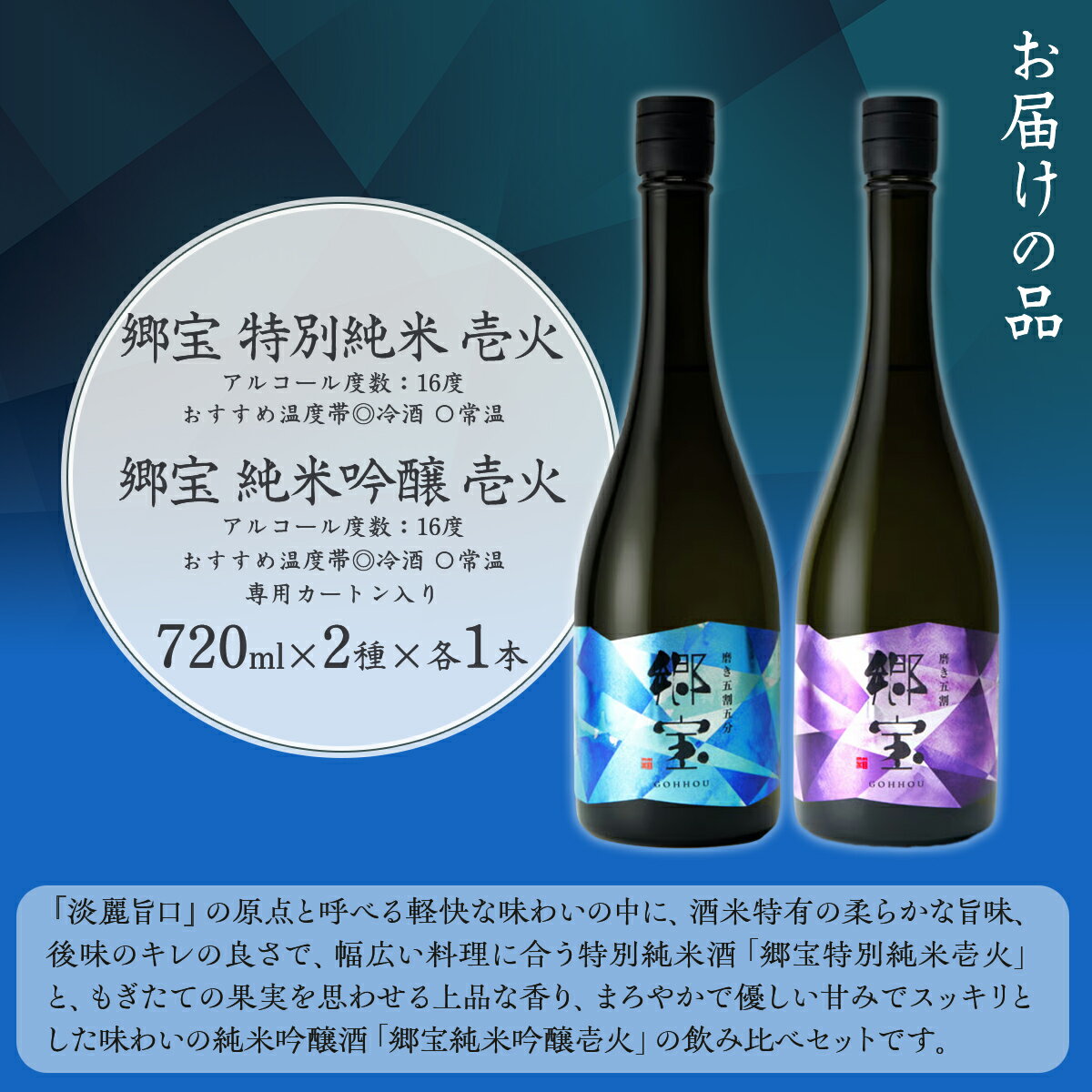【ふるさと納税】郷宝飲み比べセットA（郷宝特別純米壱火720ml、郷宝純米吟醸壱火720ml　各1本） 【ふるさと納税 人気 おすすめ ランキング 郷宝 ごっほう 日本酒 お酒酒 おさけ アルコール セット 飲み比べ ギフト 贈答品 プレゼント 北海道 七飯町 送料無料】 NAAK012 サムネイル2