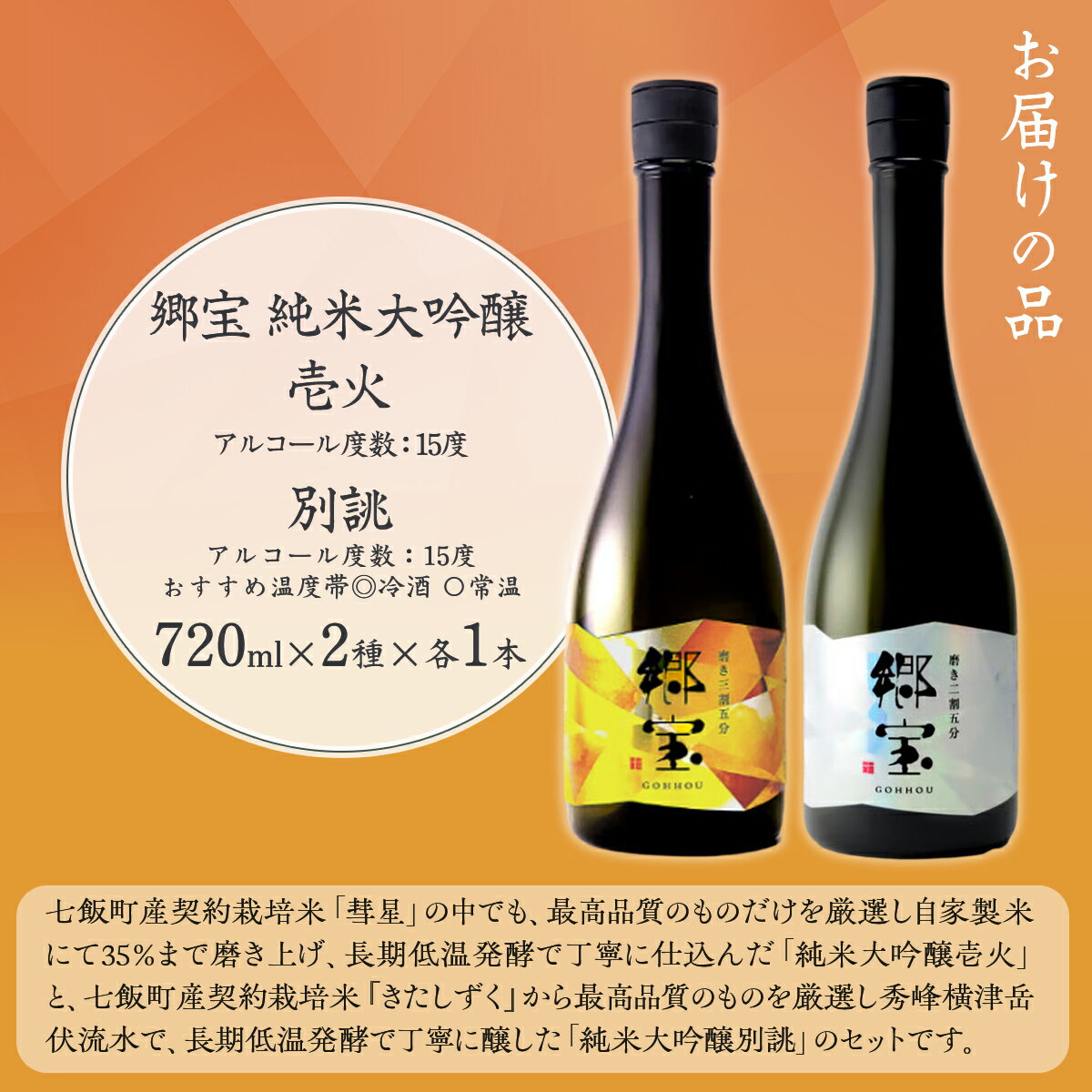 【ふるさと納税】郷宝飲み比べセットB（郷宝純米大吟醸壱火720ml、郷宝純米大吟醸別誂720ml　各1本） 【ふるさと納税 人気 おすすめ ランキング 郷宝 ごっほう 日本酒 お酒酒 おさけ アルコール セット 飲み比べ ギフト 贈答品 プレゼント 北海道 七飯町 送料無料】 NAAK013 サムネイル2
