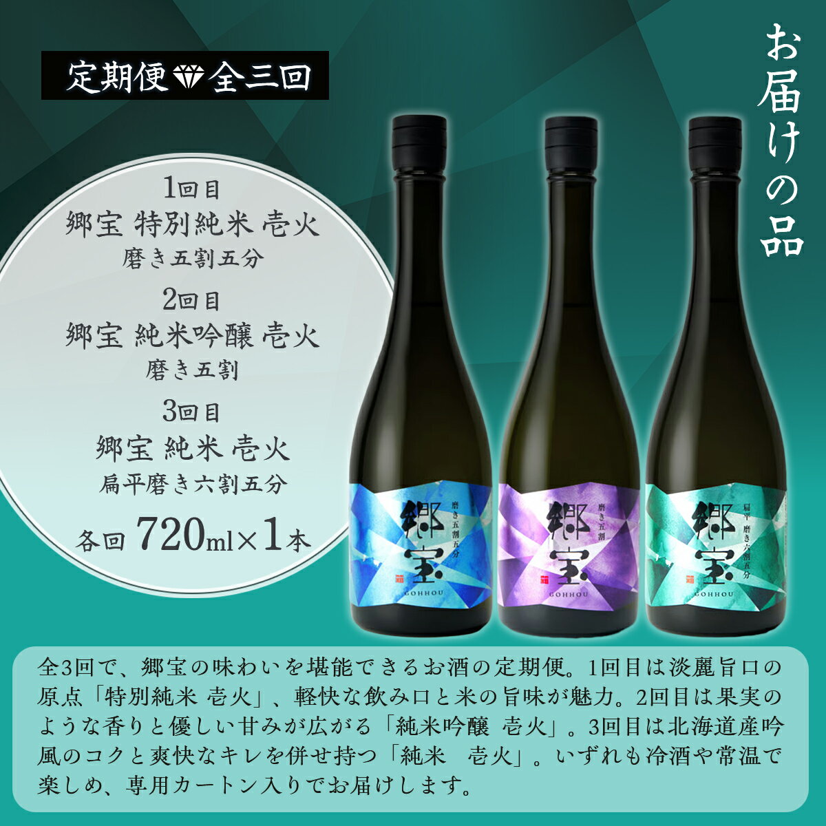 【ふるさと納税】【定期便】郷宝　純米　壱火720ml　3ヶ月 【ふるさと納税 人気 おすすめ ランキング 郷宝 ごっほう 日本酒 お酒酒 おさけ アルコール 定期便 ギフト 贈答品 プレゼント 北海道 七飯町 送料無料】 NAAK015 サムネイル2