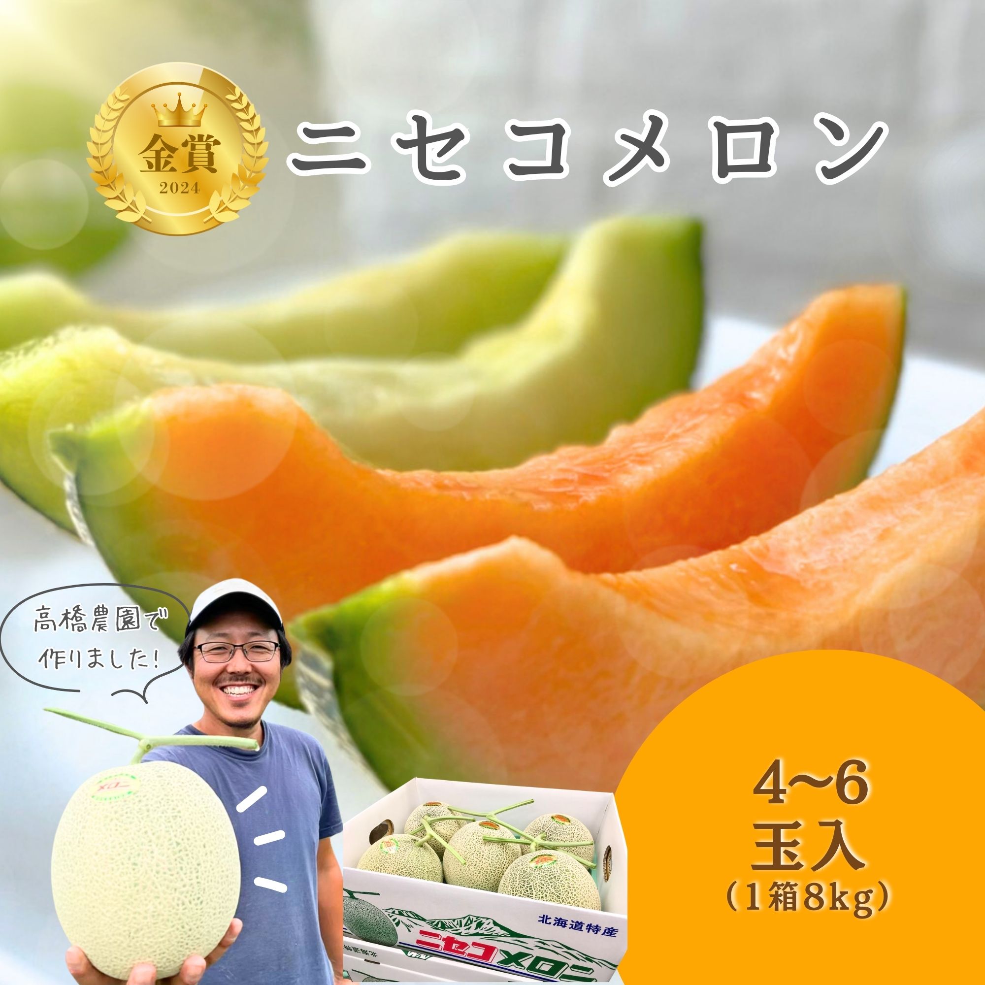 《2026年分受付中》糖度13度以上!市場には出回らない北海道ニセコメロン4～6玉（1箱8kg）/高橋農園【3700301】