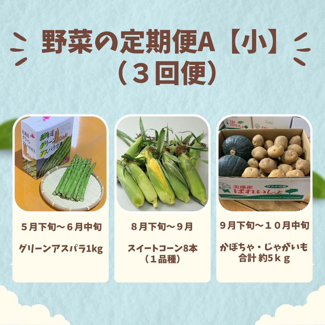 【ふるさと納税】 野菜 定期便 Aセット 3ヶ月 ≪令和8年産予約受付！≫ 送料無料 セット 詰め合わせ アスパラ アスパラガス とうもろこし とうきび スイートコーン 3回 秋野菜 北海道 北海道美瑛 美瑛町 美瑛産野菜 北海道産野菜 野菜の定期便 サスケの家[033-22] - 画像3