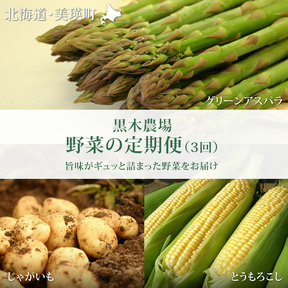 【令和8年産予約受付！】野菜 定期便 3ヶ月 1kg 12本 5kg 3回 送料無料 北海道 北海道美瑛 北海道美瑛町 美瑛 定期便 アスパラガス アスパラ とうもろこし じゃがいも 秋野菜 男爵 キタアカリ 黒木農場　[029-15]