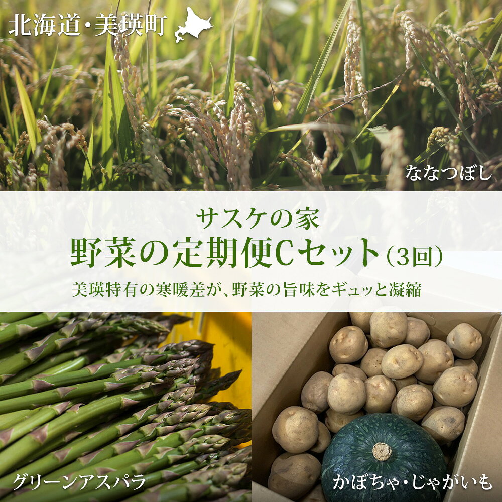 野菜 定期便 Cセット 3ヶ月 ≪令和8年産予約受付！≫ 送料無料 3回 セット 詰め合わせ アスパラ アスパラガス 3回 秋野菜 米 新米北海道 北海道美瑛 北海道美瑛町 美瑛町 美瑛産野菜 北海道産野菜 野菜の定期便 サスケの家 定期便[037-17]