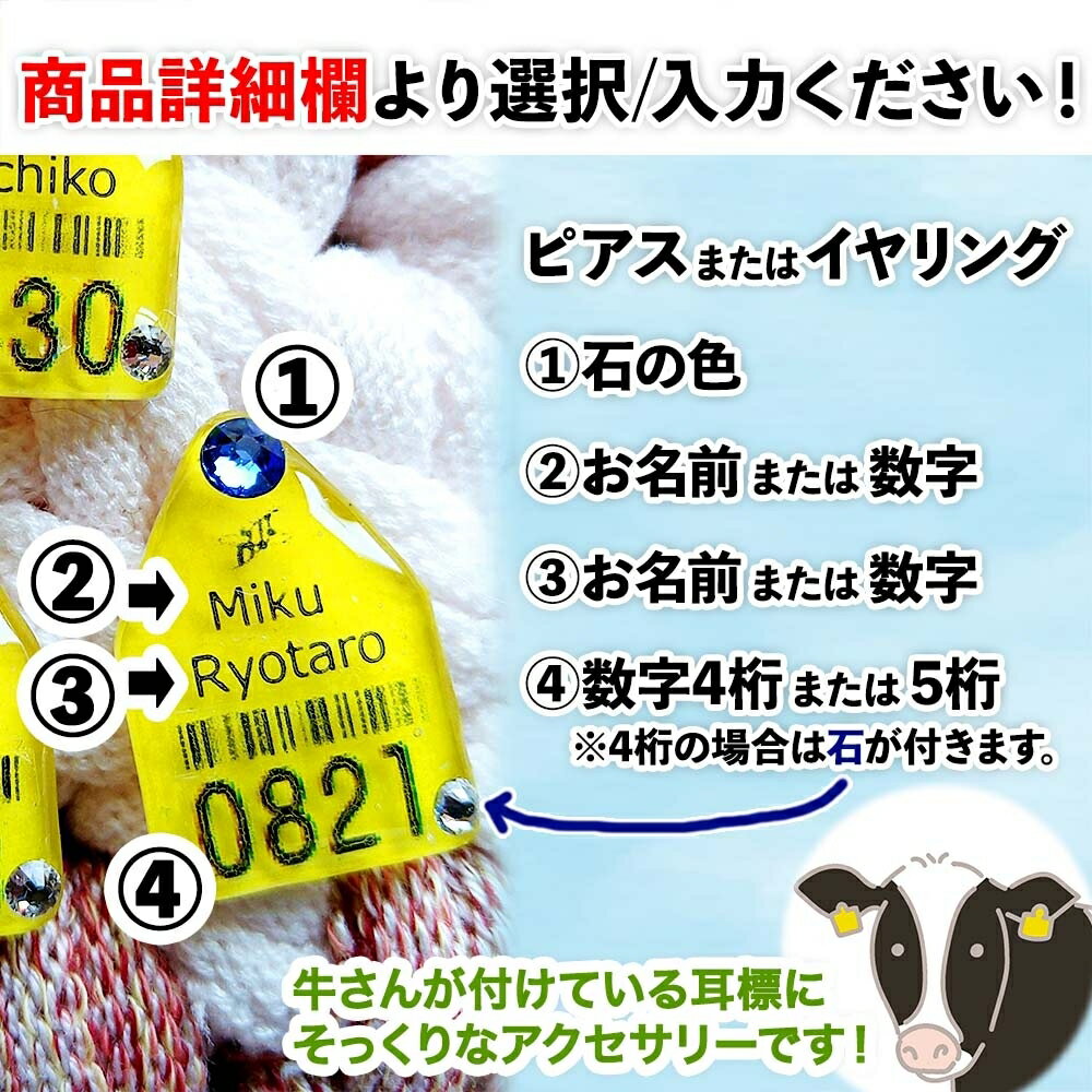【ふるさと納税】北海道 耳標 牛 ピアス イヤリング 選べる オリジナル アクセサリー 藤内牧場 ハンドメイド セミオーダー 名前 イニシャル アルファベット 数字 入り 手作り スワロフスキー プレゼント 送料無料 十勝 士幌町 8000円 サムネイル2