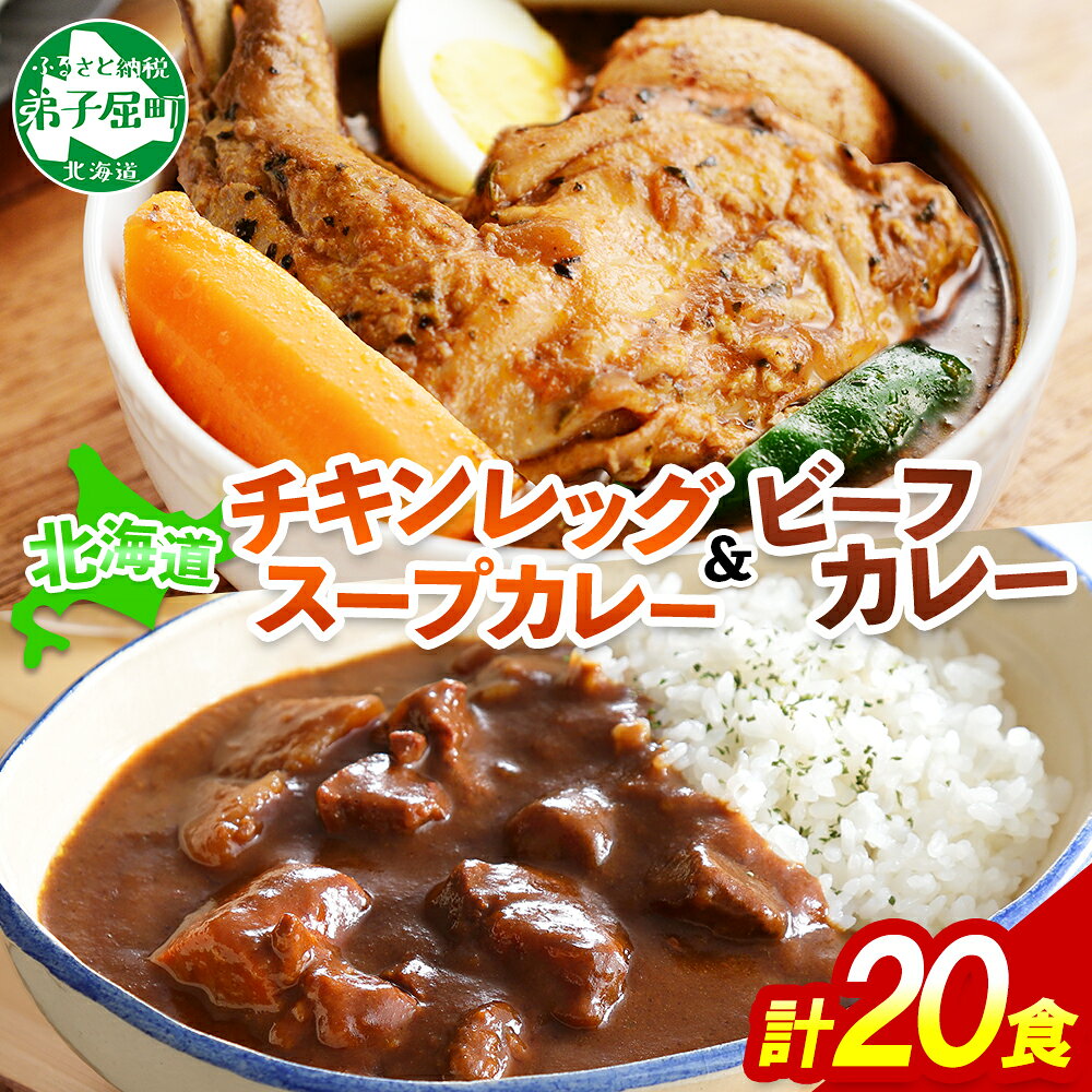 【ふるさと納税】528.ビーフカレー ＆ チキンレッグ スープカレー 食べ比べ 20個 セット 中辛 牛肉 チキン業務用 レトルトカレー レトルト食品 野菜 備蓄 まとめ買い 北海道 弟子屈町