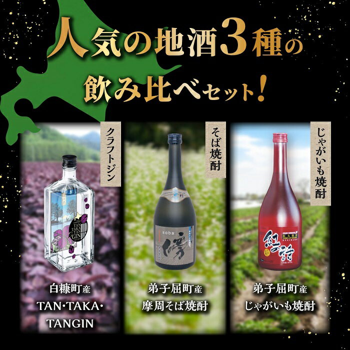 【ふるさと納税】◆定期便◆3270.焼酎2種×クラフトジン　飲み比べ3種セット　そば焼酎・じゃがいも焼酎・TAN・TAKA・TAN GIN（鍛高譚ジン） 酒類 飲み比べ　21000円 サムネイル2