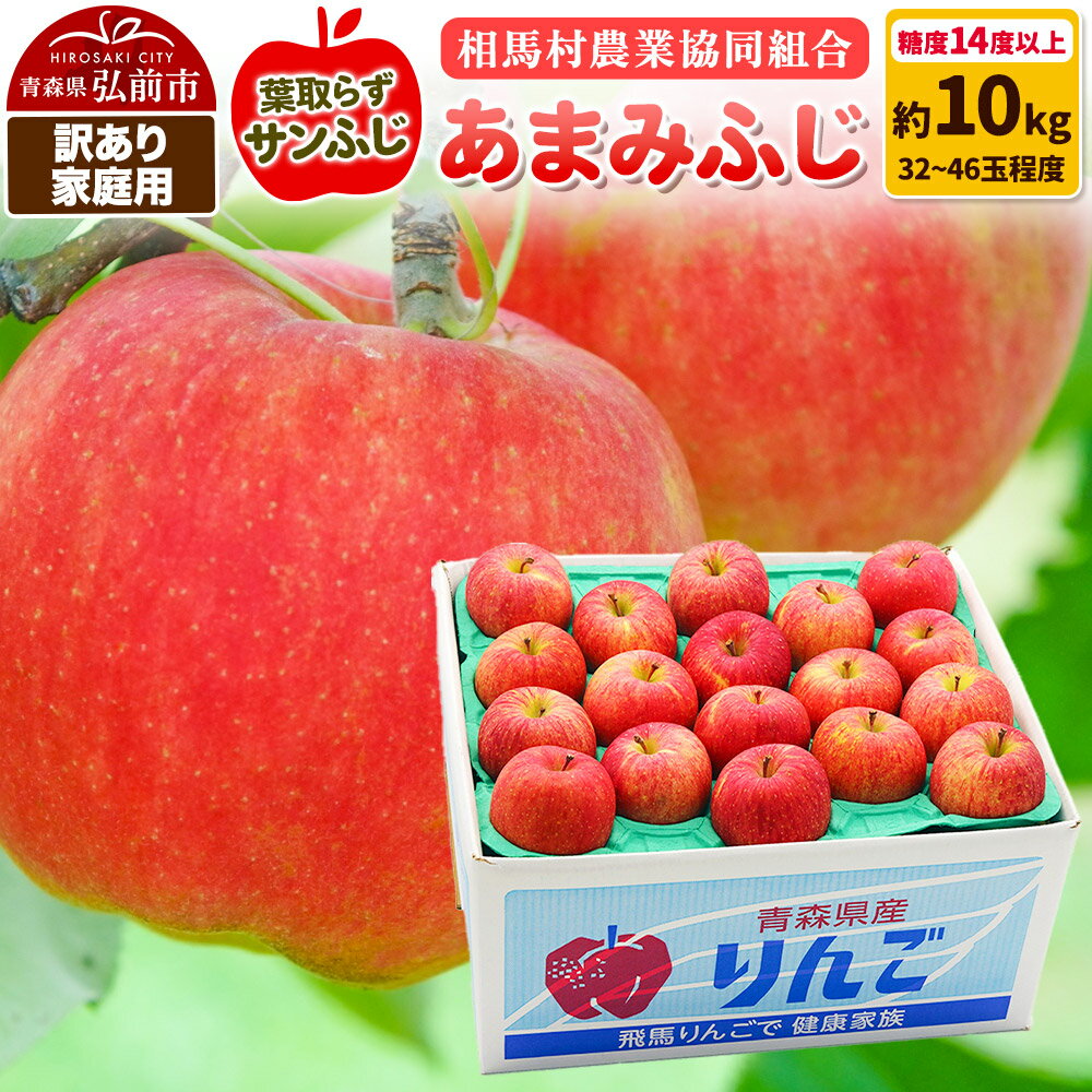 【26年3月発送】りんご 糖度14度以上【訳あり】家庭用 あまみふじ（葉取らずサンふじ）約10kg（32〜46玉程度）