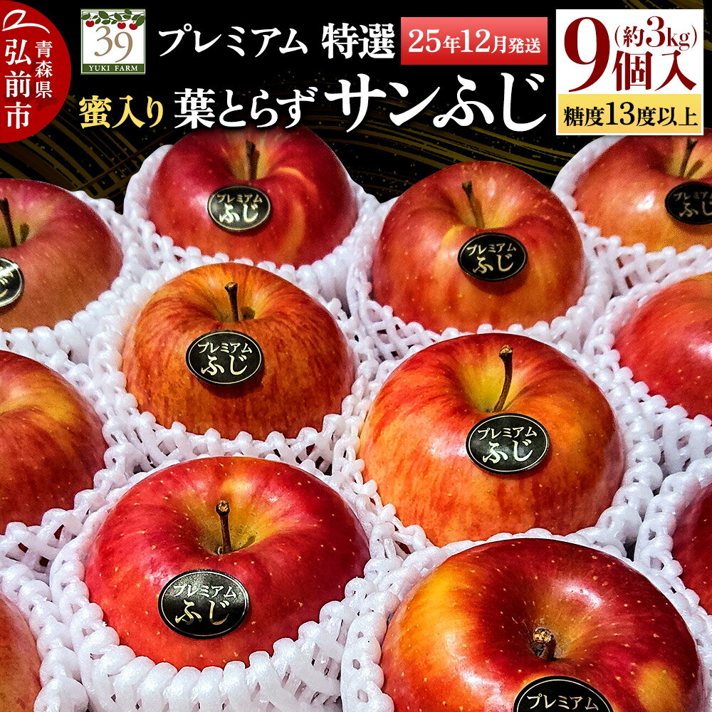 【25年12月発送】りんご 【 数量限定 】糖度13度以上 「特選」 プレミアム 蜜入り 葉とらずサンふじ 約 3kg 9個入り
