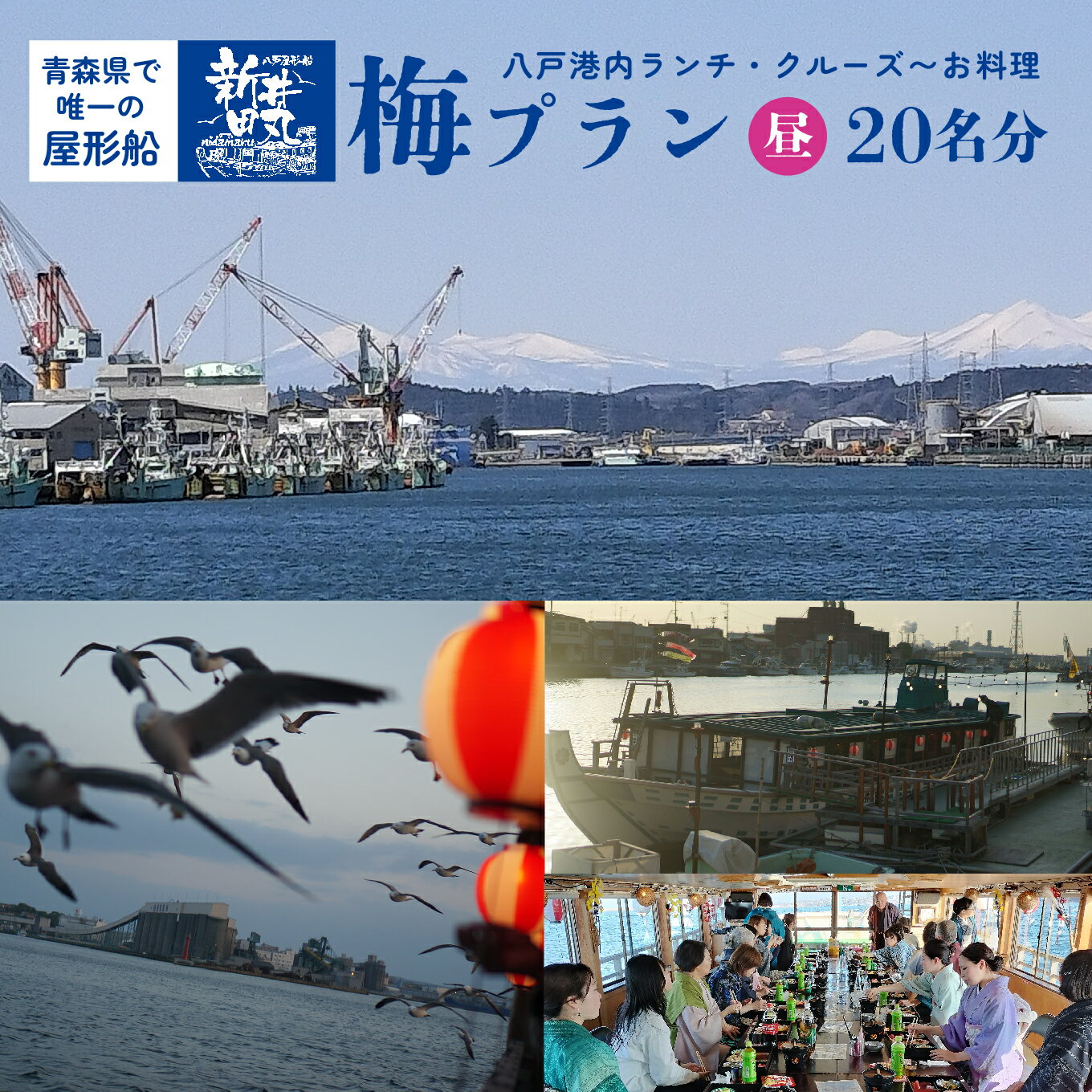 ブルーカンパニー 新井田丸 ＜青森県で唯一の屋形船＞ 八戸港内ランチ・クルーズ 【お料理：梅プラン、昼】 チケット 20名分 新鮮魚介類 うみねこ餌付け体験 バードウォッチング 青森県 八戸市