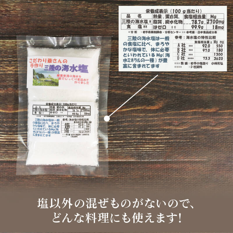 【ふるさと納税】 こだわり爺さんの手作り三陸の海水塩 (振出瓶1/袋詰3) 塩 調味料 seasoning salt 料理 お手軽 味変 海水 ミネラル 焼肉 おにぎり しお お刺身 ステーキ 国産 岩手県 三陸 大船渡 サムネイル3