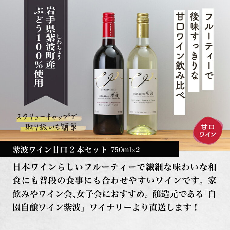 【ふるさと納税】甘口ワイン赤白2本セット(紫波ベーリーA＆ヤマソービニオン・紫波ミュラートゥルガウ＆ケルナー) ワイン 甘口 赤 白 ブドウ 国産ワイン 自園自醸ワイン 日本ワイン (AL099) サムネイル2