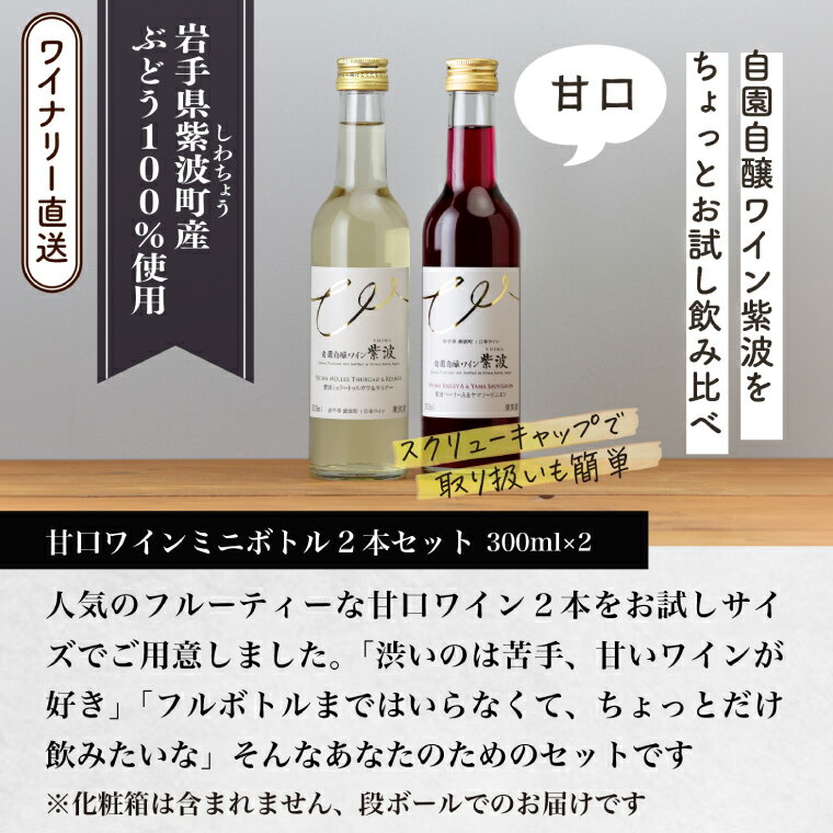 【ふるさと納税】ワインミニボトル甘口2本セット(紫波ベーリーA＆ヤマソービニオン・紫波ミュラートゥルガウ＆ケルナー) ワイン 甘口 赤 白 ブドウ ミニボトル 国産ワイン 自園自醸ワイン 日本ワイン (AL103) サムネイル2