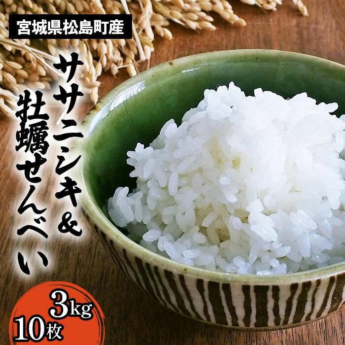 宮城県松島町産ササニシキ3kg、小さなカキとコメと10枚入りセット ／ ササニシキ 米 白米 3kg 特別栽培米 減農薬 あっさり 食感 粘り控えめ 粒立ち 牡蠣せんべい 薄焼き 軽い 食べやすい おやつ セット 送料無料 宮城県 No.122