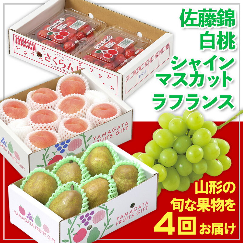 【定期便4回】☆フルーツ王国山形☆佐藤錦・白桃・シャインマスカット・ラフランス 【令和8年産先行予約】FS25-675 くだもの 果物 フルーツ 山形 山形県 山形市 お取り寄せ 2026年産
