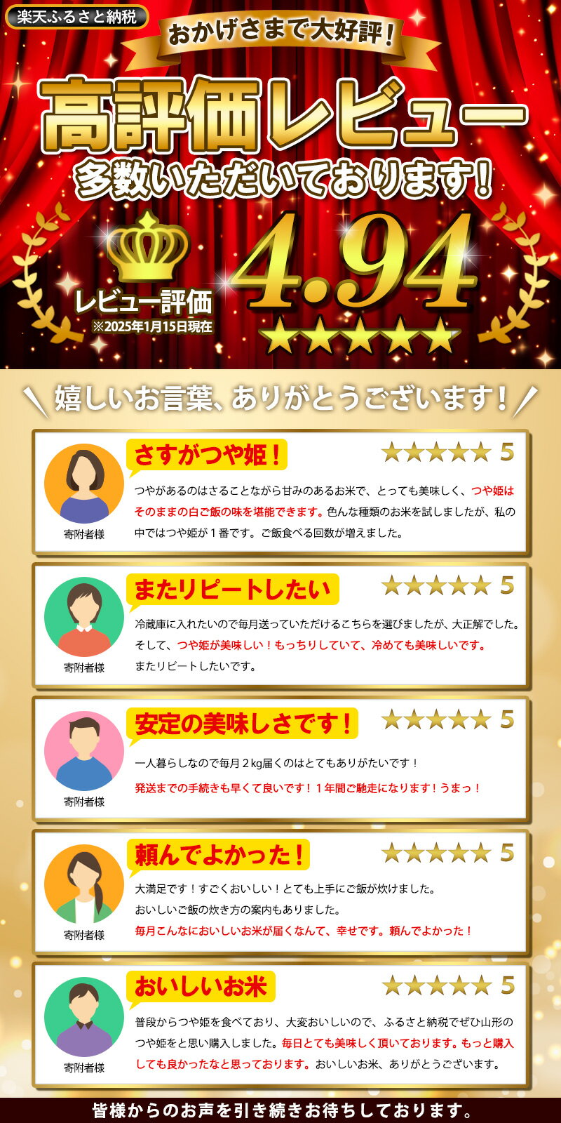 【ふるさと納税】令和7年産 つや姫 ★高評価4.9★山形産 特別栽培米 つや姫 2kg 1回 6ヶ月 12ヶ月 24kg 12kg fz21-331 山形 お取り寄せ 送料無料 ブランド米 山形市 山形県 精米 お届け回数が選べる 配送回数が選べる サムネイル3