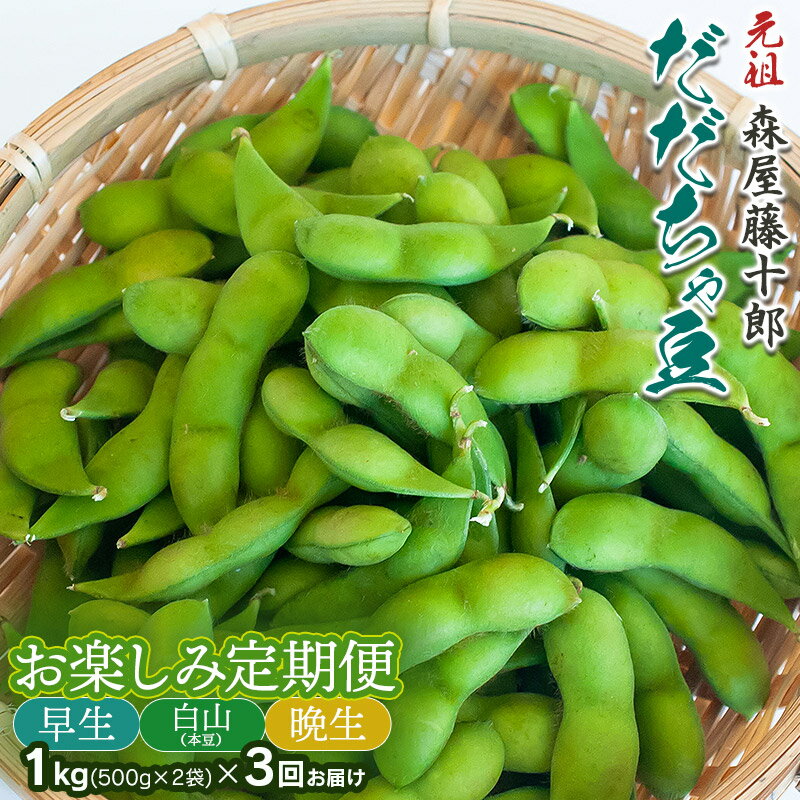 【令和8年産先行予約】 ”元祖”森屋藤十郎の白山産だだちゃ豆 お楽しみ定期便3回「早生・白山(本豆)・晩生」各1kg（500g×2袋） K-831　鶴岡特産 | 枝豆 山形県 鶴岡市 東北 えだまめ エダマメ 特産品 お取り寄せ ご当地 茶豆 名産品 おつまみ 肴 食品