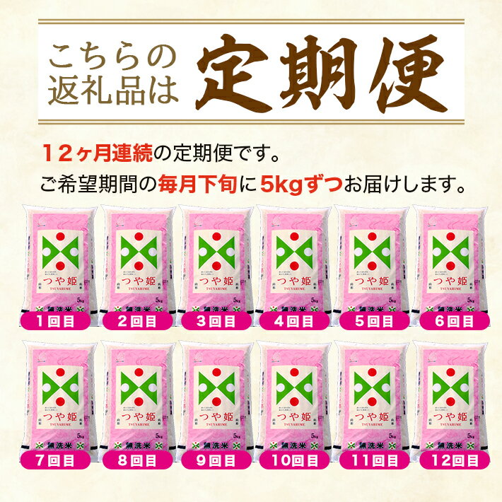 【ふるさと納税】≪12ヶ月定期便≫ 無洗米 つや姫 5kg×12ヶ月連続 計60kg 特別栽培米 山形県産 毎月下旬にお届け 東北 山形県 酒田市 庄内地方 ブランド米 白米 精米 簡単 手軽 連続定期便 節水 - 画像2