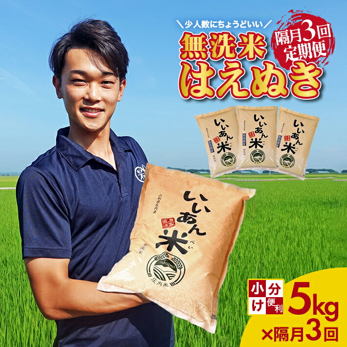 ≪隔月3回定期便≫ 無洗米 はえぬき 5kg×3回 計15kg 山形県庄内産 隔月で中旬にお届け 米 お米 精米 白米 定期便 隔月 少人数