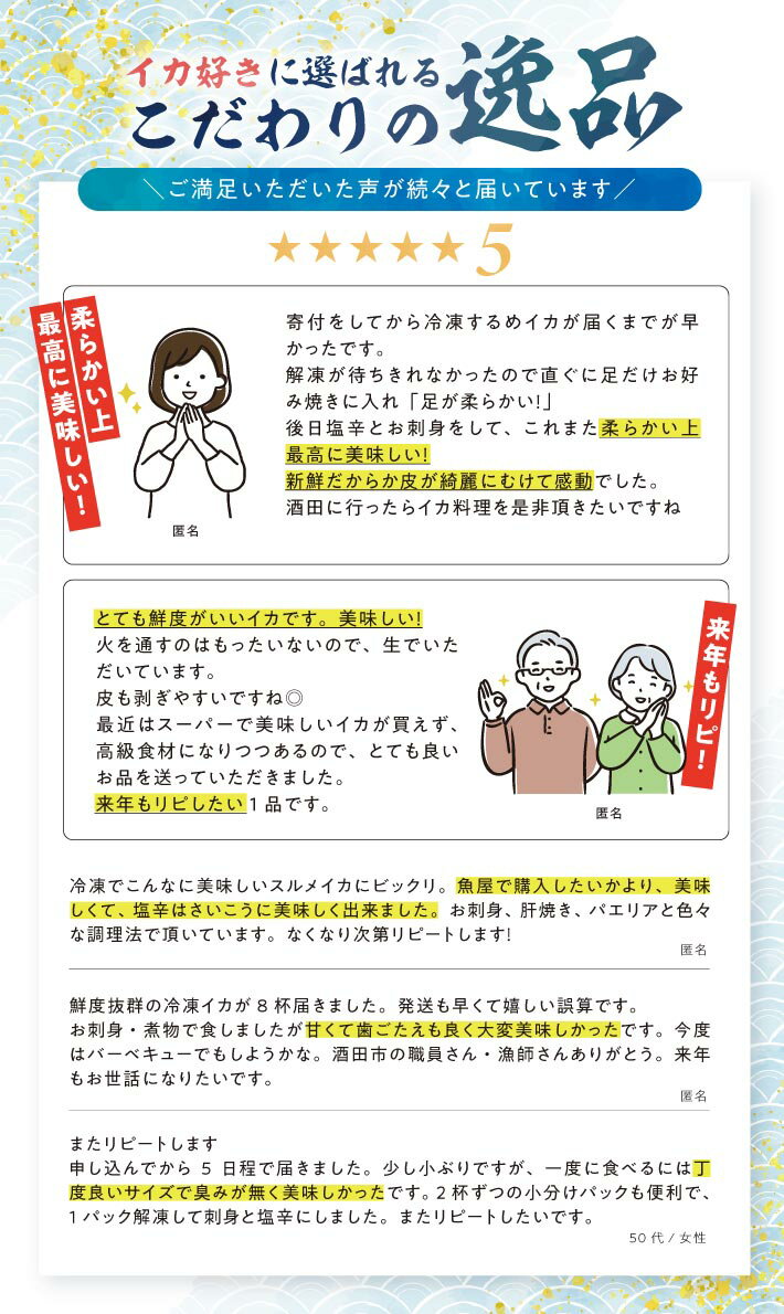 【ふるさと納税】船内急速冷凍するめいか 2尾×4袋 計8尾 冷凍便 ※離島発送不可 いか イカ 海鮮 海の幸 小分け 旬 春 夏 秋 冬 初夏 新鮮 鮮度抜群 刺身 塩辛 フライ 煮物 姿焼き げそ ゲソ 船凍イカ - 画像2