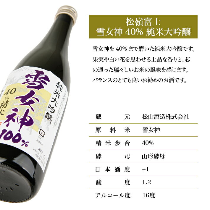 【ふるさと納税】松嶺富士 雪女神 40％純米大吟醸 720ml 冷蔵便 ※離島発送不可 松嶺の富士 純米大吟醸 日本酒 清酒 酒 松山酒造 東北 山形県 酒田市 庄内 サムネイル2