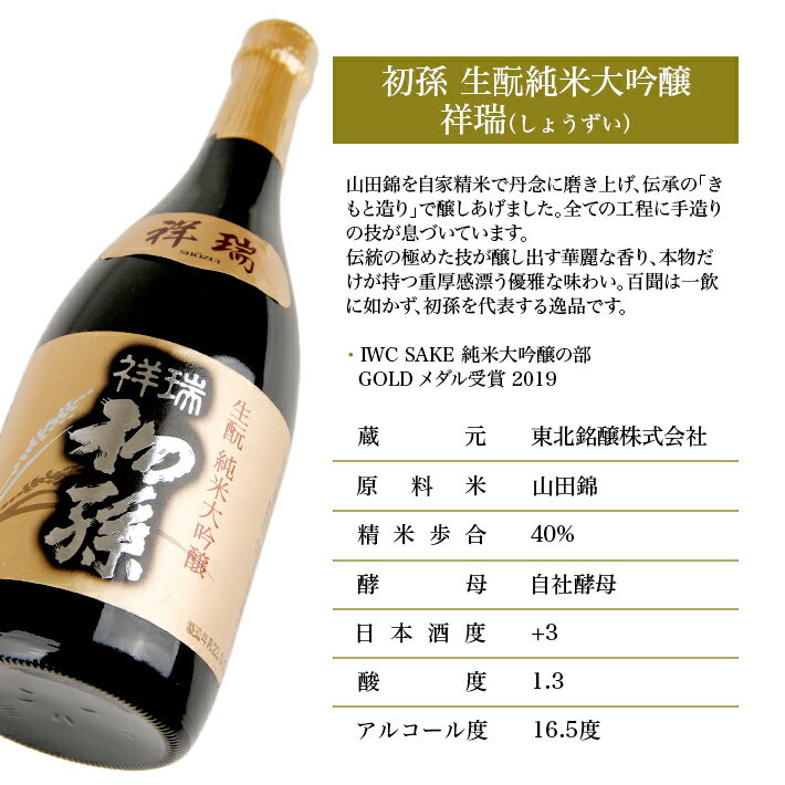 【ふるさと納税】初孫 純米大吟醸 祥瑞 720ml×1本 化粧箱入り 純米大吟醸酒 生もと 日本酒 清酒 酒 山田錦 東北銘醸 東北 山形県 酒田市 庄内 サムネイル2