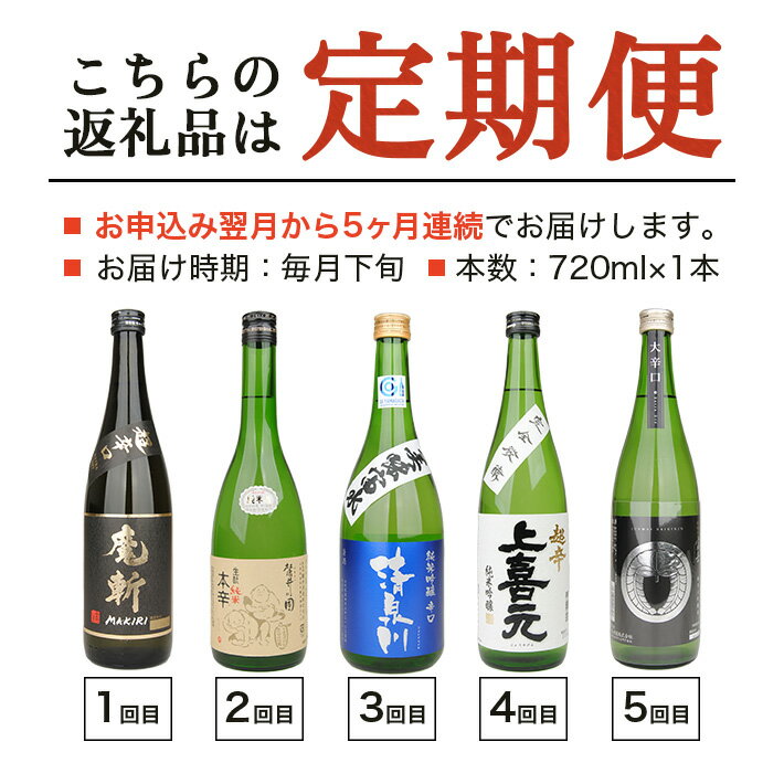 【ふるさと納税】≪5ヶ月定期便≫ 湊酒田の辛口酒頒布会 720ml×5ヶ月連続 計5本 初孫 麓井 清泉川 上喜元 松嶺の富士 毎月下旬お届け お申込み翌月からお届け開始 黒魔斬 圓 美味宙水 五百万石 家紋ラベル 東北銘醸 麓井酒造 オードヴィ庄内 酒田酒造 松山酒造 日本酒 サムネイル2